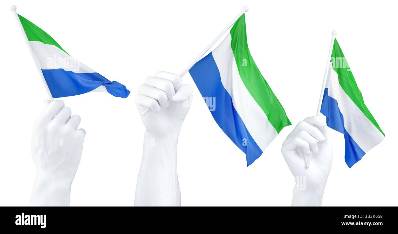 Mano che tiene bandiera della Sierra Leone. Rendering 3d isolato. Foto Stock