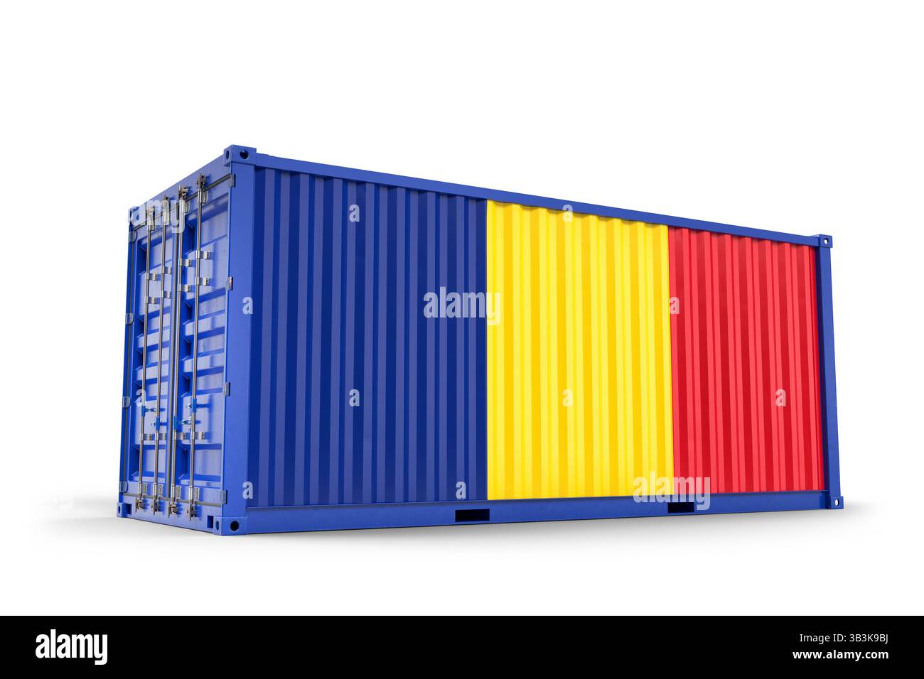 Container cargo adornato con la bandiera rumena, che rappresenta l'importazione, l'esportazione e le dinamiche del commercio e del commercio globale. Rendering 3d. Foto Stock