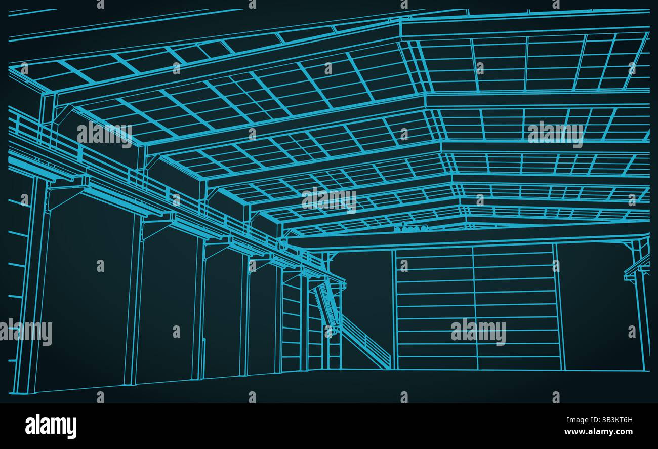 Interno di un grande hangar industriale. Aree di produzione o riparazione. Magazzino. Hangar aereo Illustrazione Vettoriale