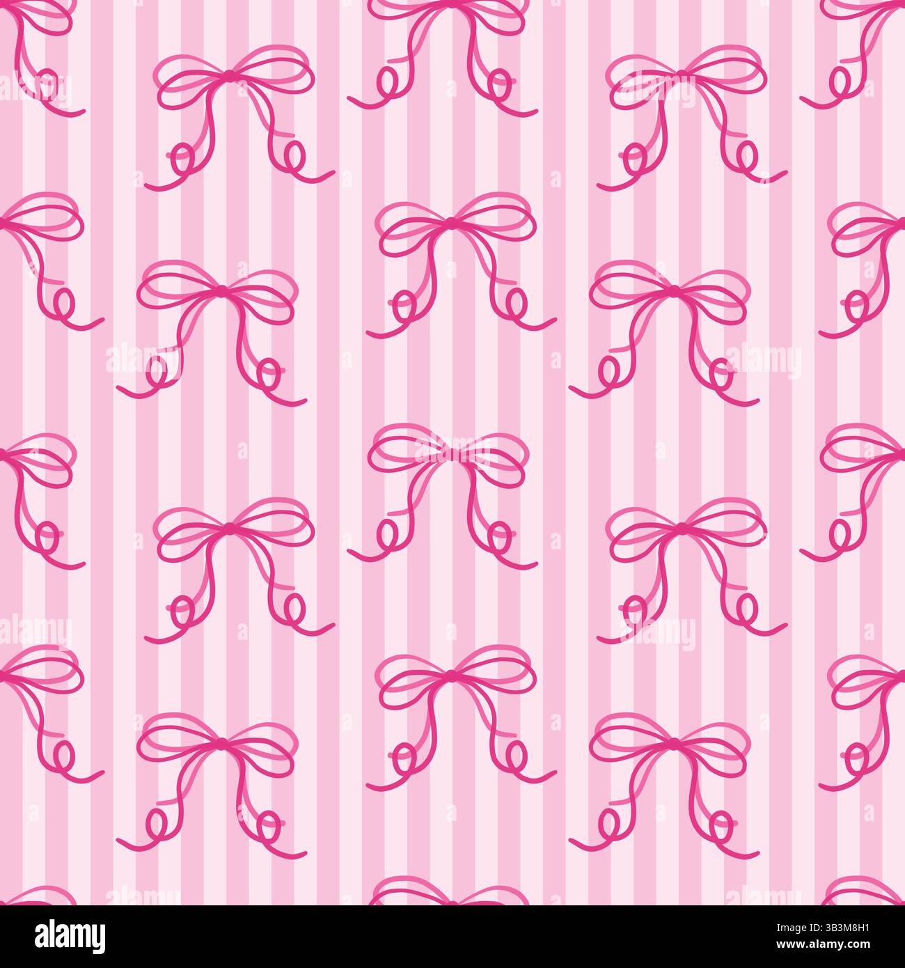 Simpatico motivo a righe con fiocco rosa su sfondo a righe. Bows a nastro disegnati a mano da ragazza in uno stile delicato e femminile. Perfetto per tessuto, confezione regalo Illustrazione Vettoriale