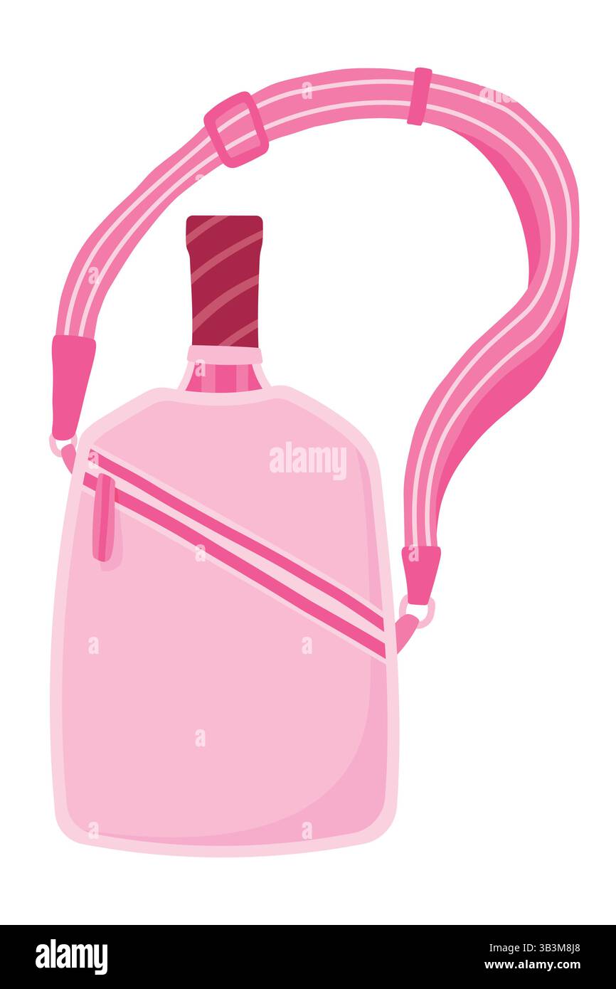 Borsa a tracolla Pickleball rosa con paletta isolata su sfondo bianco. Elegante attrezzatura sportiva per stili di vita attivi, allenamento e giochi all'aperto Illustrazione Vettoriale