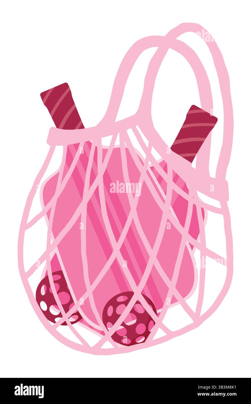 Borsa in mesh rosa con palette e palline isolate su sfondo bianco. Elegante attrezzatura sportiva perfetta per gli stili di vita attivi e gli allenamenti Illustrazione Vettoriale