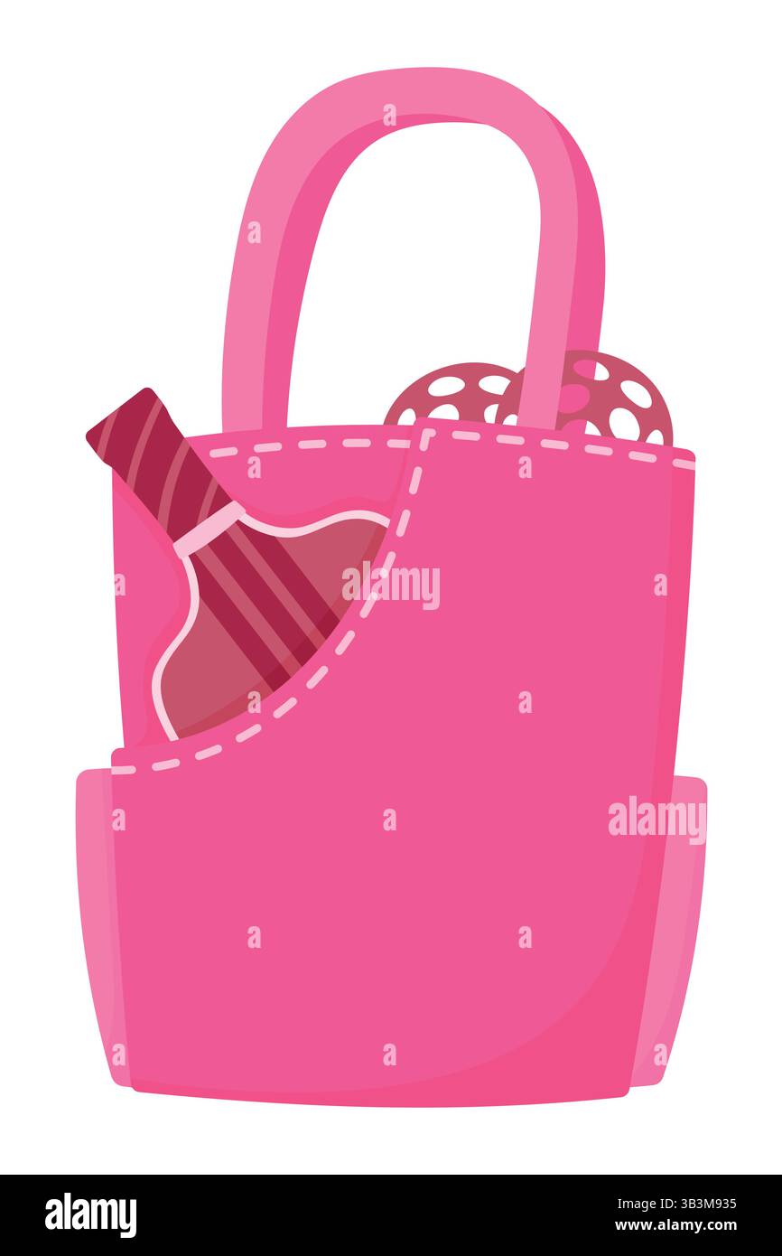Borsa tote Pickleball rosa con paletta e palline. Elegante attrezzatura sportiva per donne, perfetta per stili di vita attivi, allenamento e giochi all'aperto Illustrazione Vettoriale