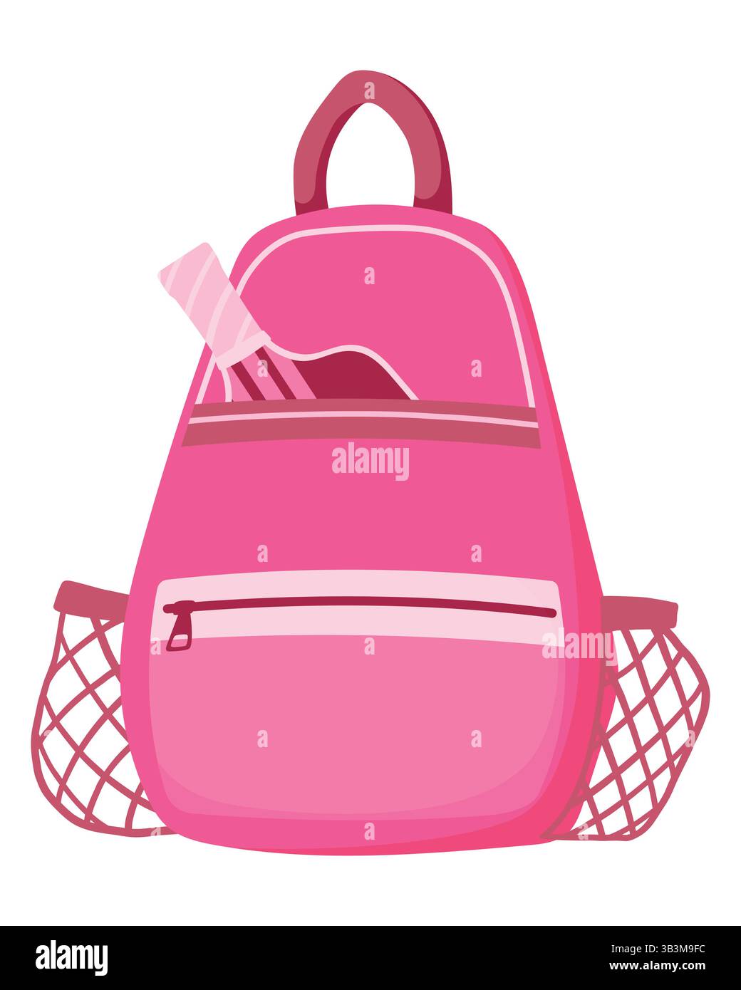 Zaino Pickleball rosa con paletta isolata su sfondo bianco. Elegante attrezzatura sportiva, perfetta per stili di vita attivi, allenamenti e giochi all'aperto Illustrazione Vettoriale