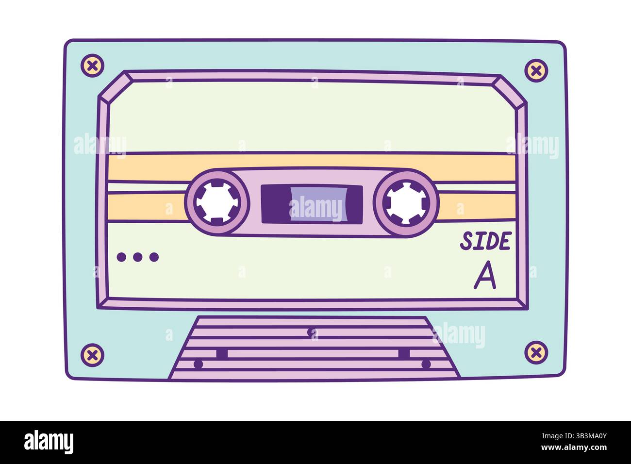 Cassetta audio retro illustrazione disegnata a mano con contorno isolato su sfondo bianco. Sistema di registrazione su nastro analogico vintage. Mixtape vintage Illustrazione Vettoriale