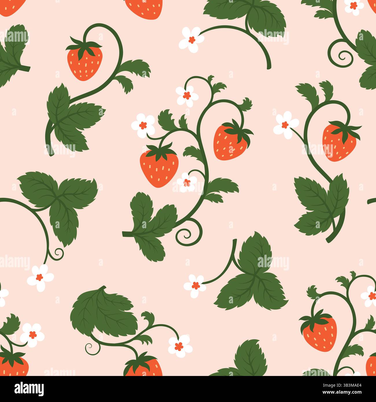 Motivo di fragola matura senza cuciture con rami, bacche, fiori e foglie su sfondo rosa chiaro. Simpatico Summer Fruit Design per tessuti Illustrazione Vettoriale