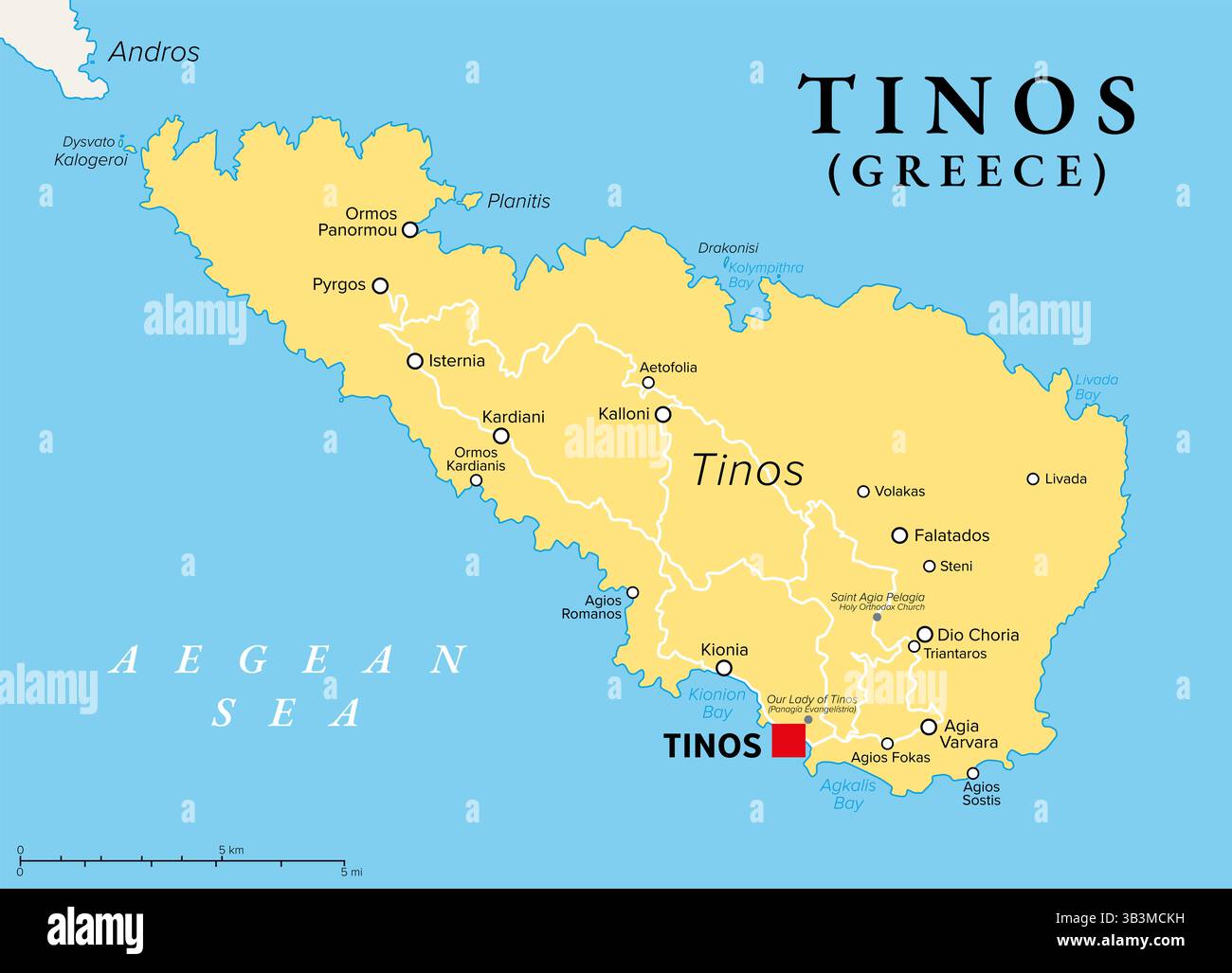Tinos, isola greca nel Mar Egeo, mappa politica. Parte dell'arcipelago delle Cicladi, a sud di Andros. Sito di pellegrinaggio per i cristiani greco-ortodossi. Foto Stock