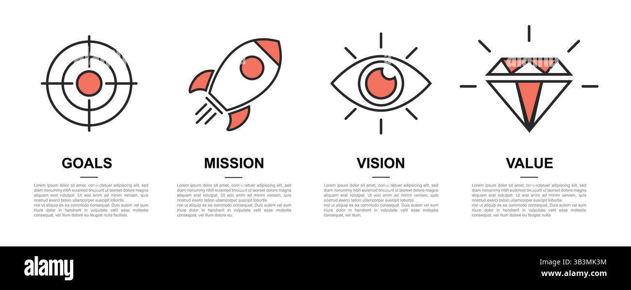 Icone della strategia aziendale che rappresentano obiettivi, missione, visione e concetto di valore in modo creativo Illustrazione Vettoriale