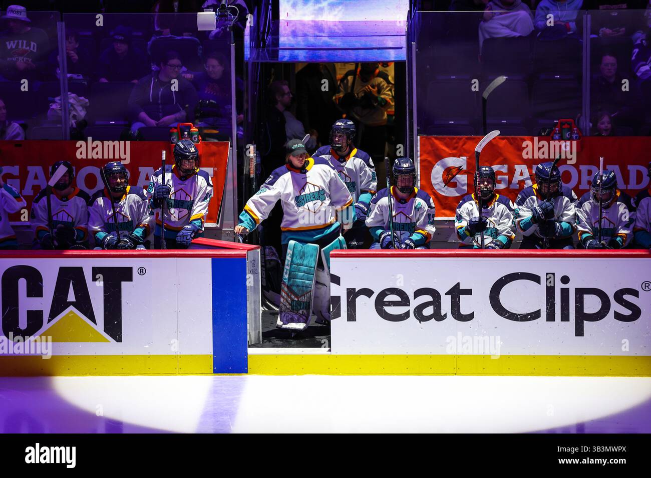 27 aprile 2025: New York Sirens in panchina prima del terzo periodo durante una partita di hockey PWHL tra i New York Sirens e i Minnesota Frost all'Xcel Energy Center di St. Paul, Minnesota. Steven Garcia-CSM Foto Stock