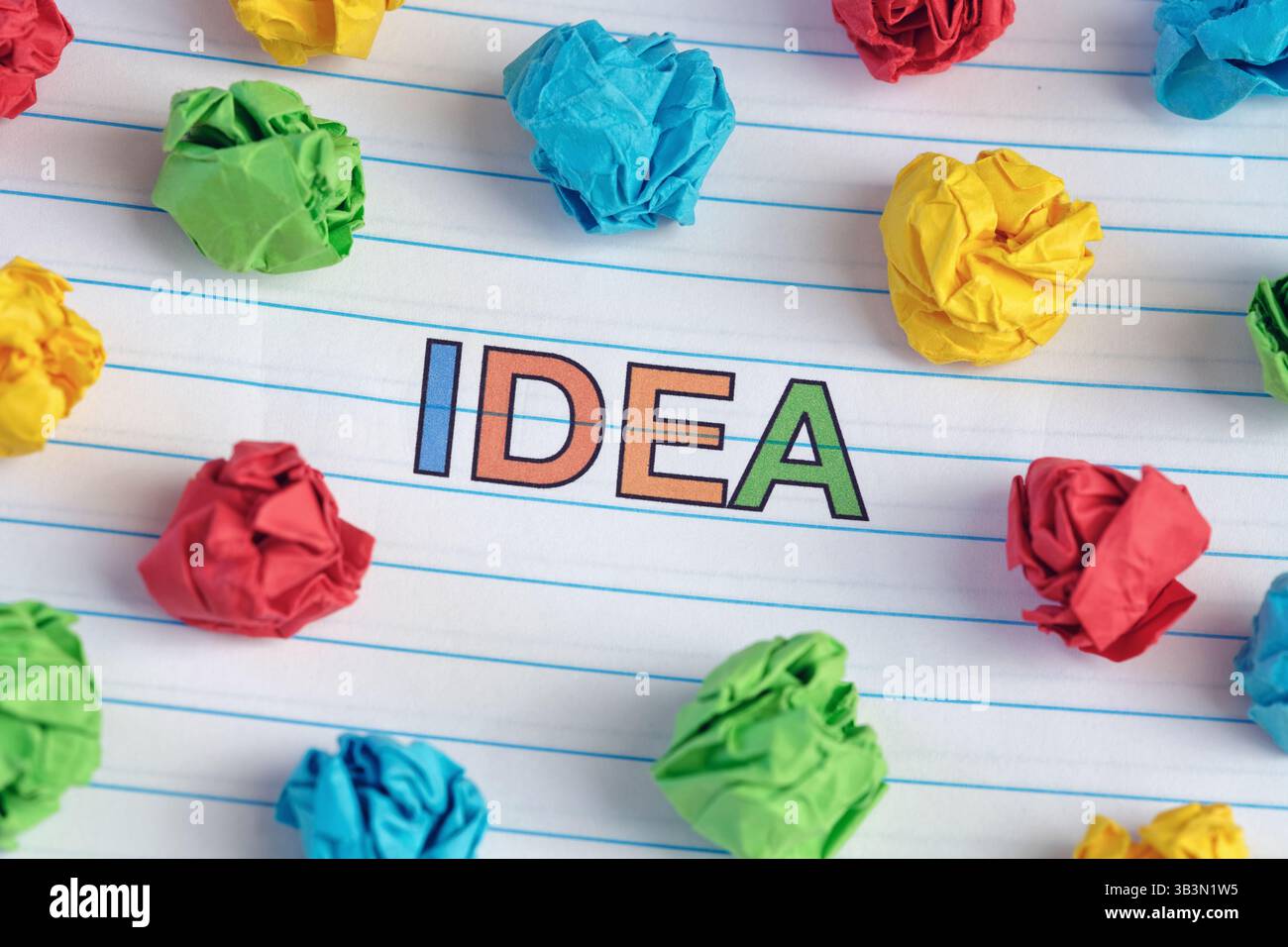 Idea. La parola idea scritta su un foglio per notebook con delle palline di carta colorate e arricciate intorno. Primo piano. Foto Stock