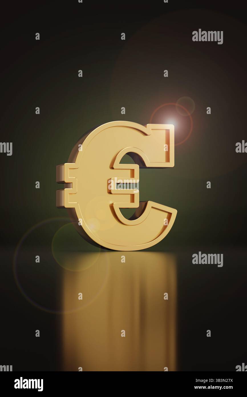 Simbolo dell'euro tridimensionale su sfondo nero. illustrazione 3d. Foto Stock