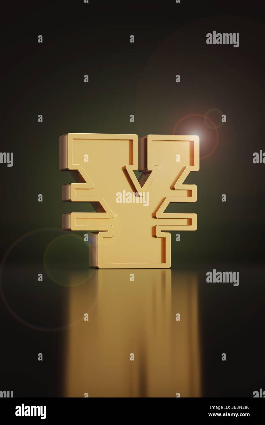 Simbolo yuan tridimensionale su sfondo nero. illustrazione 3d. Foto Stock