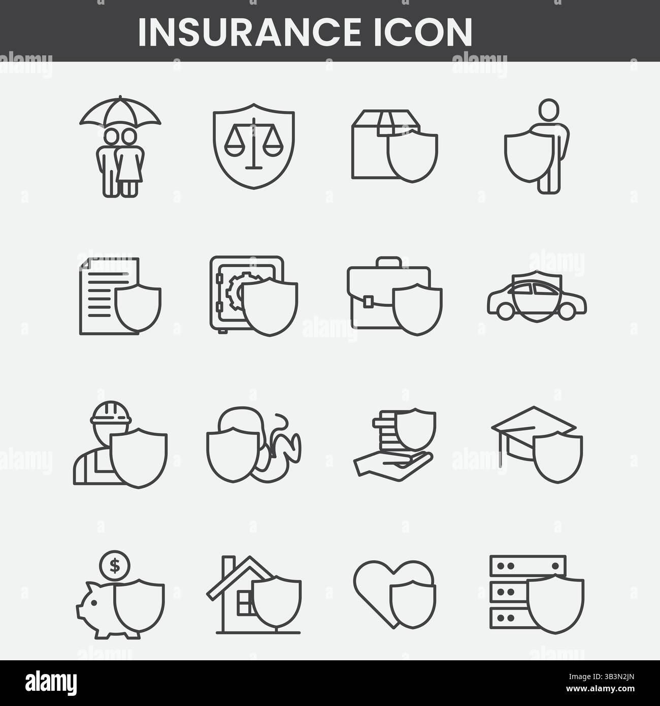 Collezione di icone di assicurazione minimalista: Ombrello, scale, simboli di protezione medica e finanziaria - disegni di linee vettoriali Illustrazione Vettoriale