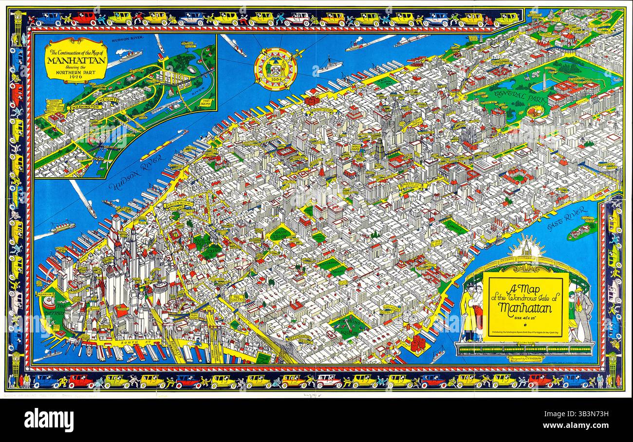 Una mappa della meravigliosa isola di Manhattan - Mappa antica dei primi di New York, XVII secolo, epoca coloniale olandese Foto Stock