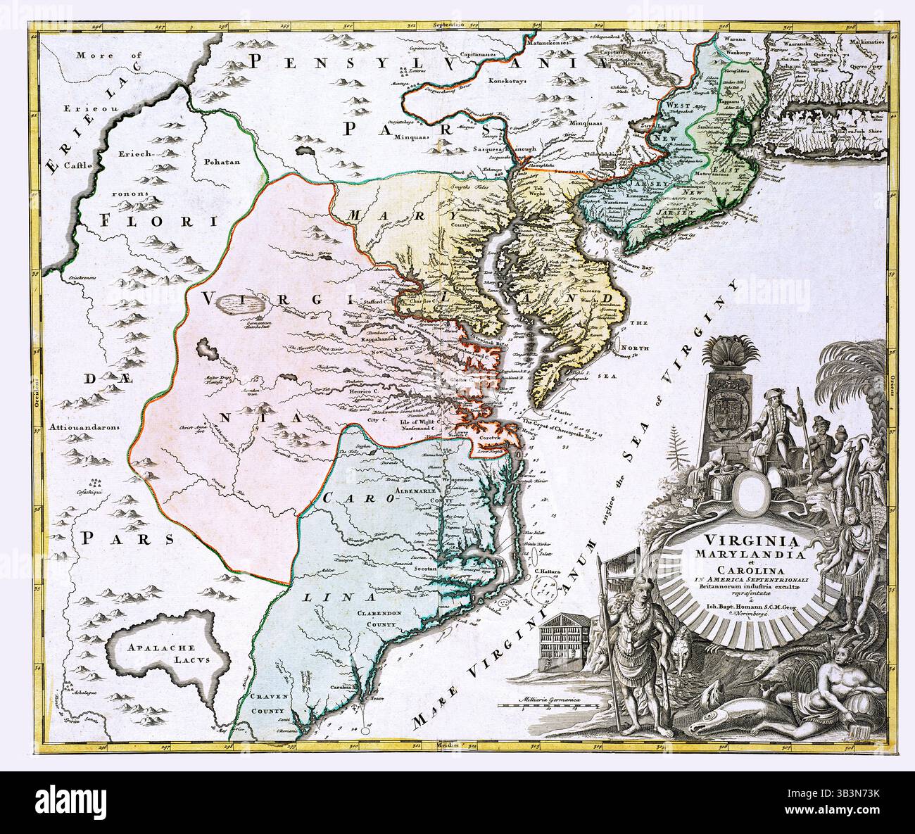 Virginia, Maryland e Carolina – Mappa delle antiche colonie britanniche, XVII secolo Nord America, Mappa storica coloniale Foto Stock