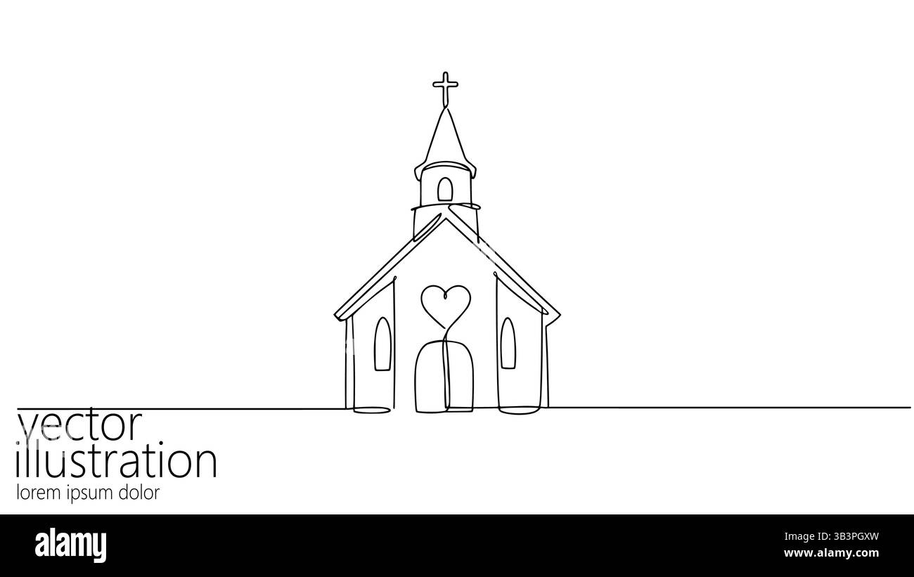 Disegno chiesa a linea continua singola. L'illustrazione presenta una struttura a croce, a forma di cuore sopra la portiera. Adatto per inviti di nozze ed eventi religiosi Illustrazione Vettoriale
