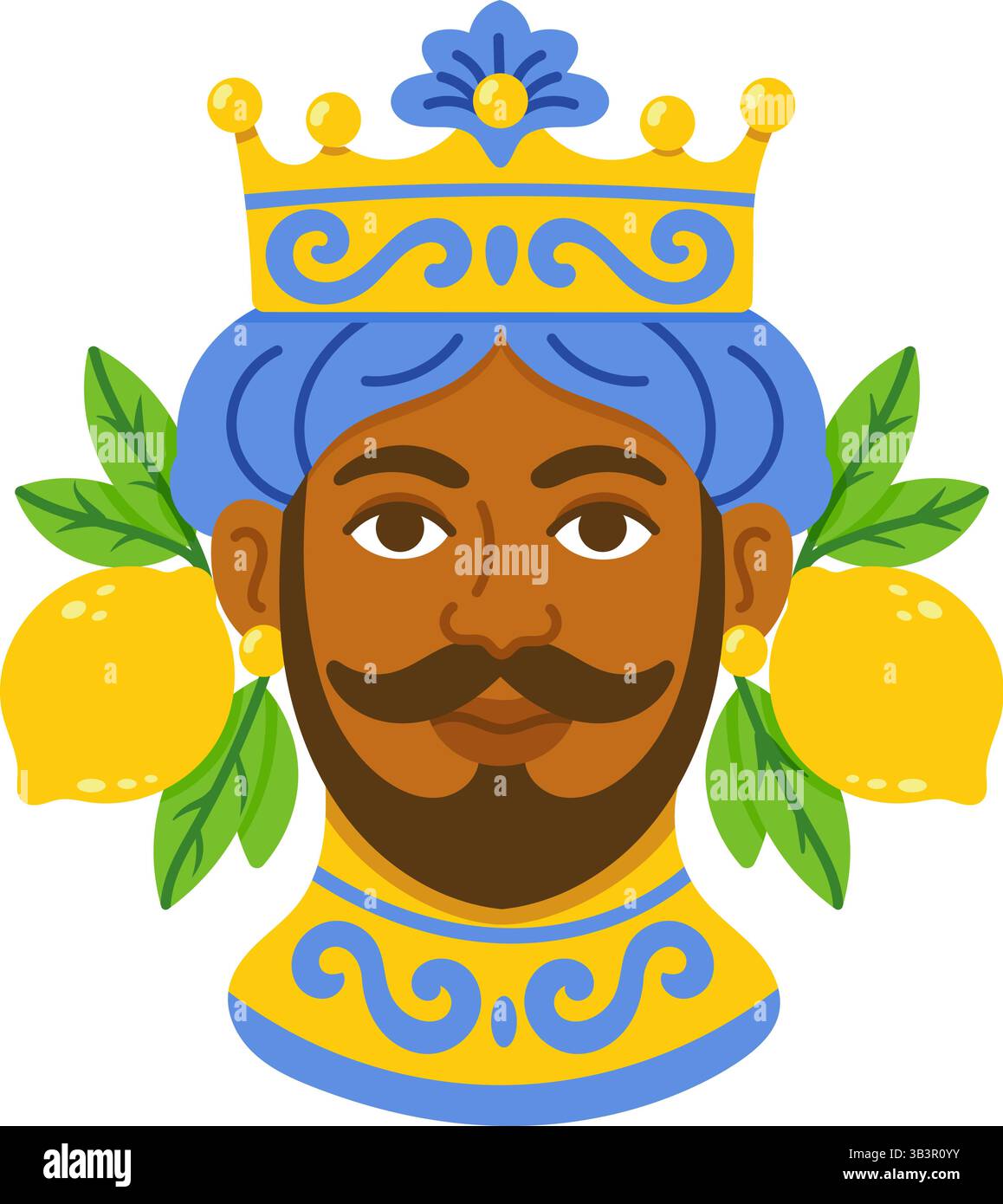 Illustrazione vettoriale della testa maschile in ceramica siciliana con corona, turbante blu, limoni e foglie verdi Illustrazione Vettoriale