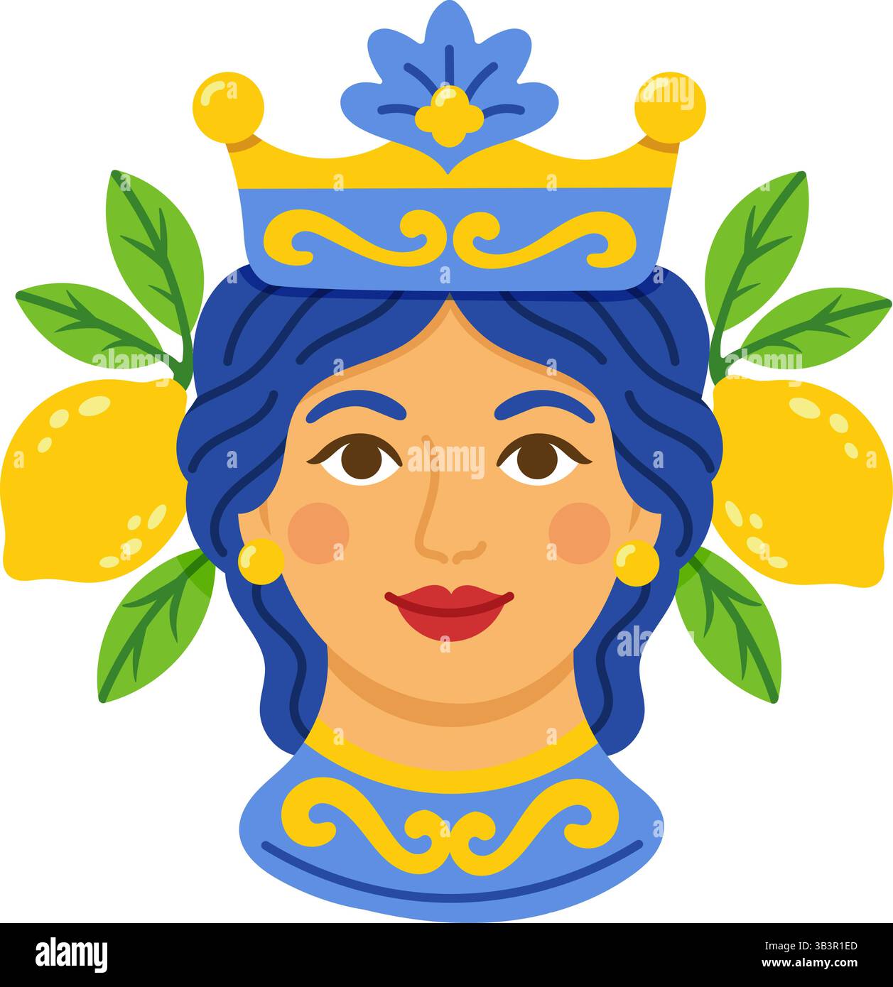 Testa in ceramica femminile colorata con corona, capelli blu e limoni in stile tradizionale siciliano Illustrazione Vettoriale