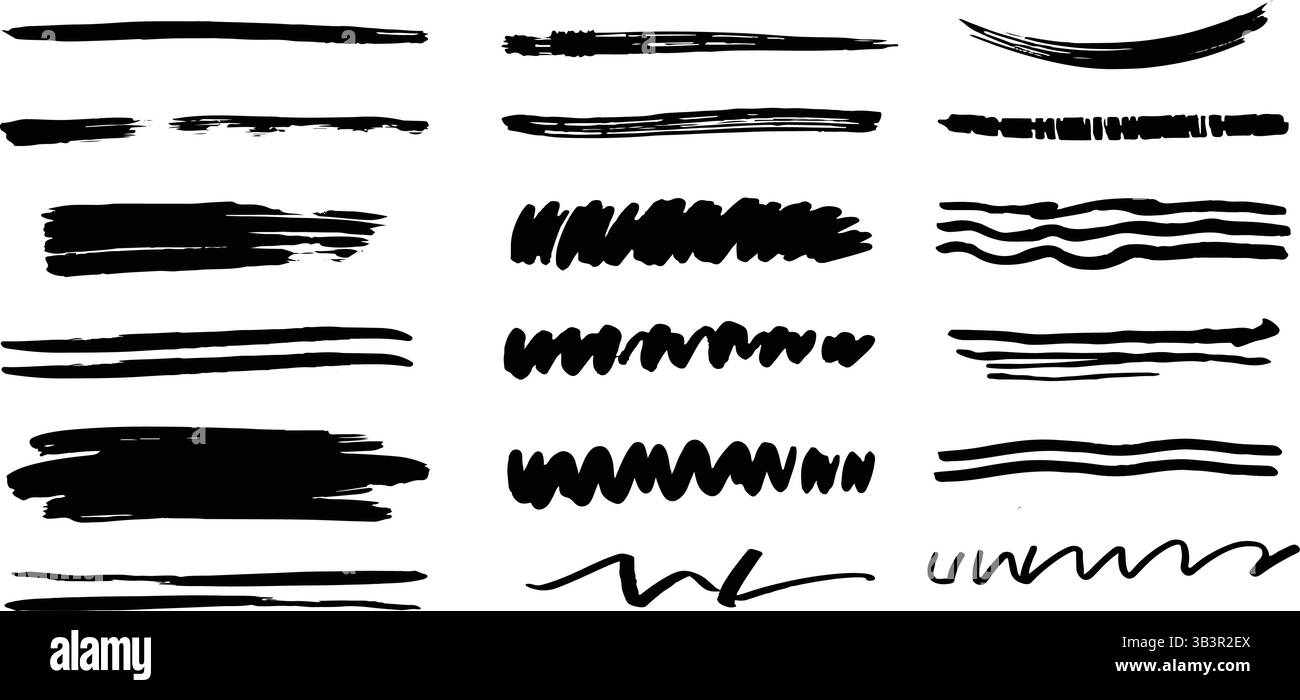 Set di linee tracciate a mano, linee tracciate a mano. Collezione di strisce per marcatori Doodle. Linee di sottolineatura incrociate e ondulate. Scarabocchi fatti a mano Illustrazione Vettoriale