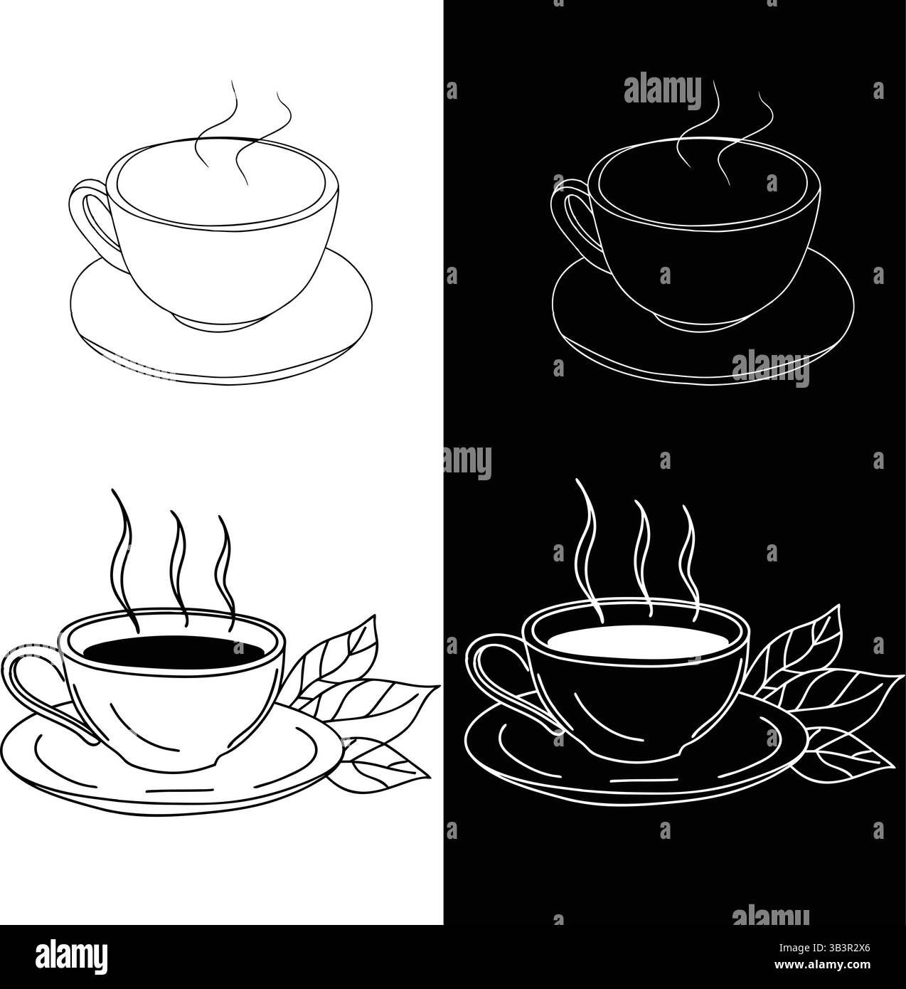 Vettoriale per tè Line Art - illustrazione della tazza da tè disegnata a mano e del profilo della foglia Illustrazione Vettoriale