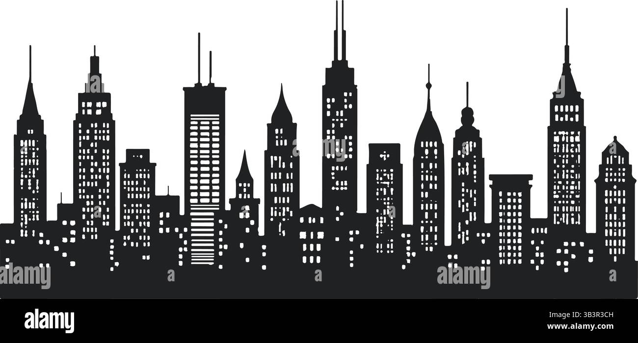 Set di silhouette City Skyline - Urban Panorama Vector Borders & background Collection, illustrazione vettoriale della silhouette della città Illustrazione Vettoriale