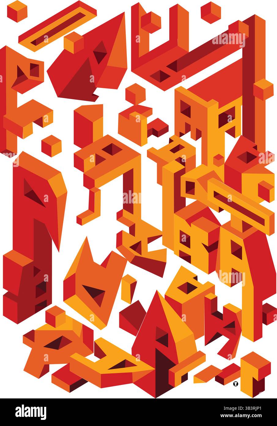 Tipografia araba isometrica in vivaci blocchi geometrici rossi e arancioni, che creano una composizione astratta moderna con profondità culturale e architettonica. Illustrazione Vettoriale