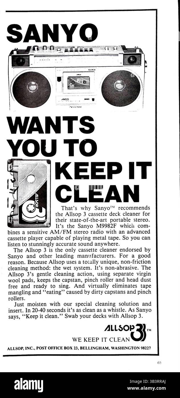 Un annuncio del 1981 per il detergente per cassette Allsop, in cui si afferma che Sanyo consiglia questo marchio per il proprio lettore cassette all'avanguardia. Foto Stock