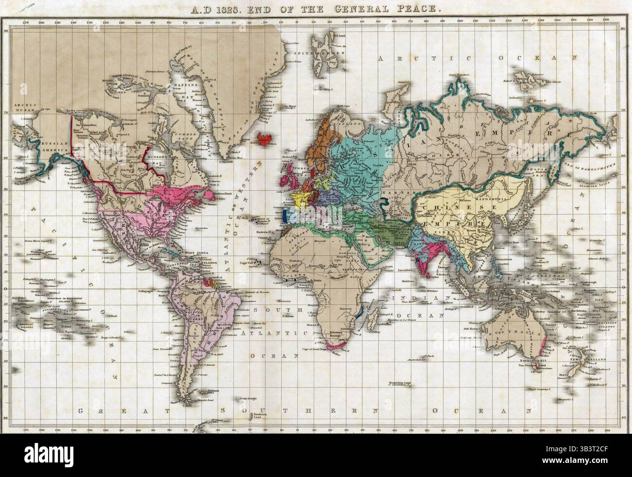 SEATTLE -SEP 26, 2024 - Mappa storica dettagliata del mondo risalente al 1828, che illustra i confini politici e le caratteristiche geografiche della e Foto Stock