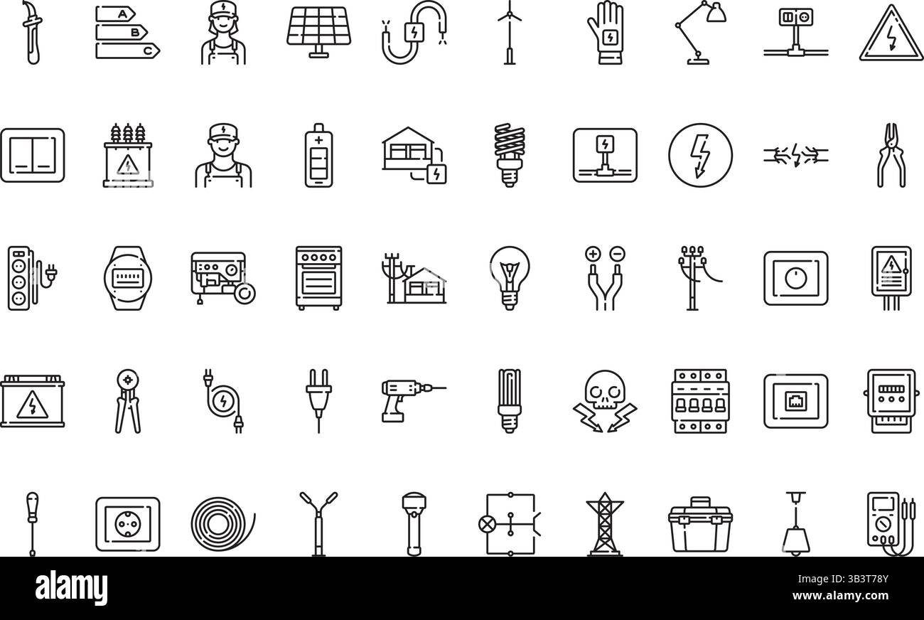 Icone degli strumenti e degli elementi per elettricisti semplice icona vettoriale. Immagine modello di disegno simbolo per elemento UI mobile Web. Illustrazione Vettoriale