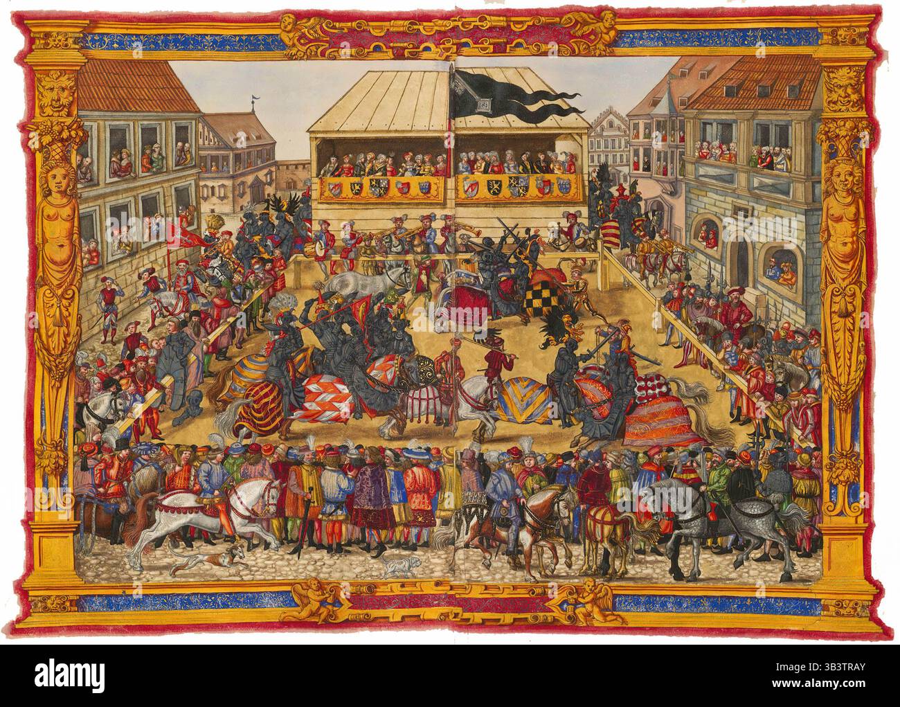 SEATTLE - 15 MAGGIO 2023 - vibrante illuminazione medievale manoscritta che mostra un colorato torneo di giostre, con cavalieri a cavallo in competizione Foto Stock