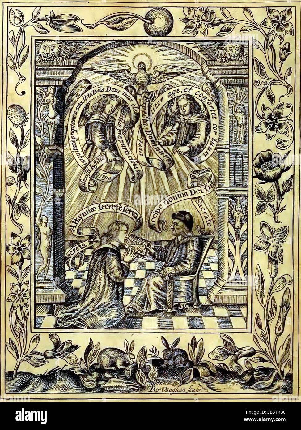 SEATTLE -21 settembre 2022 - due monaci che scambiano segreti alchemici in uno spazio sacro, illuminato dalla luce divina e sorvegliato dagli angeli, in un antico Foto Stock