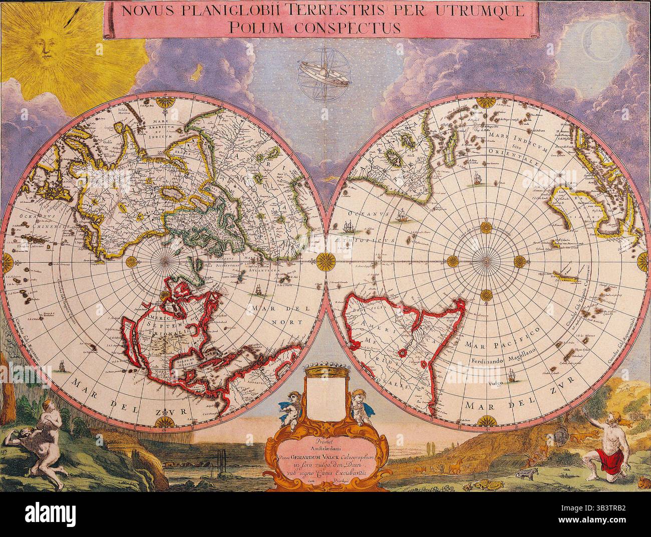 SEATTLE -SEP 26, 2024 - Mappa del mondo antica a doppio emisfero incentrata sui poli nord e sud, con illustrazioni del sole, della luna e della vela Foto Stock