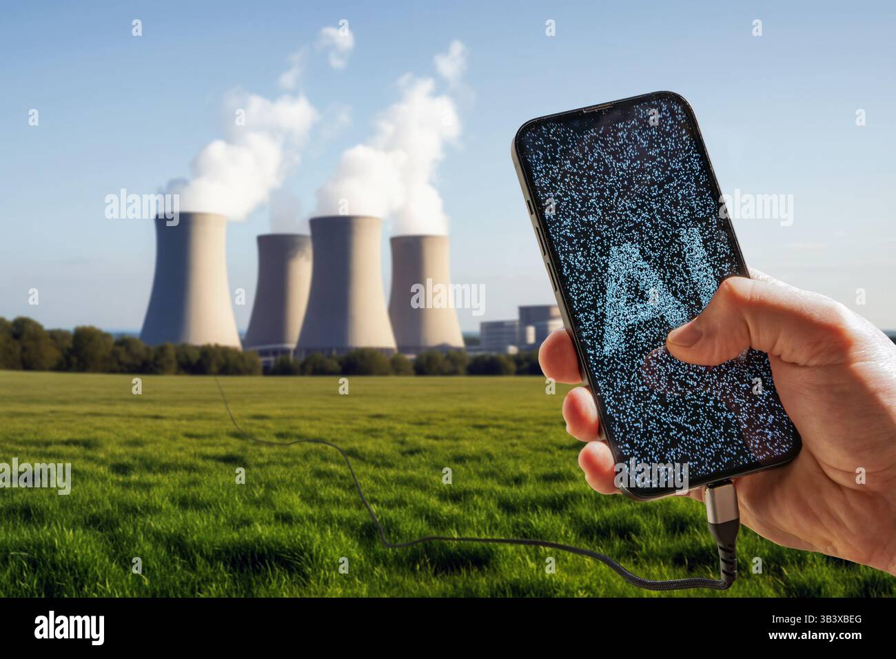 Primo piano di uno smartphone che visualizza l'intelligenza artificiale composta da personaggi in stile chatbot, con una centrale nucleare leggermente sfocata sullo sfondo Foto Stock
