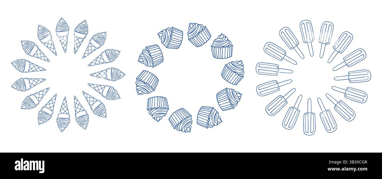 Deliziosi dessert disposti in modo circolare con gelato, cupcake e papaveri Illustrazione Vettoriale