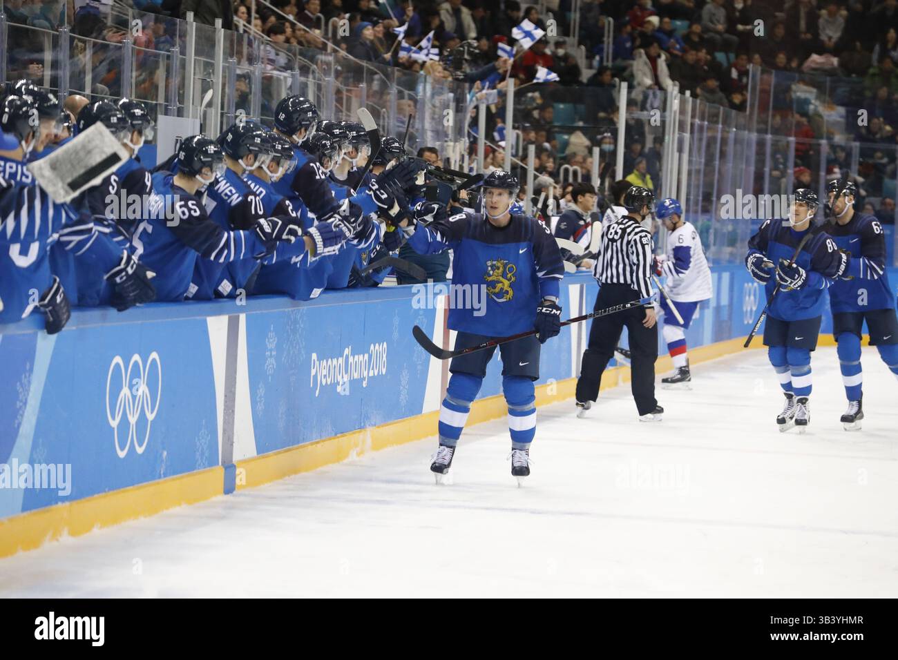20 febbraio 2018 - Pyeongchang, COREA - Finlandia, difensore Juuso Hietanen (38) in occasione della partita di qualificazione maschile per i quarti di finale tra Finlandia e Corea durante i Giochi Olimpici invernali di Pyeongchang 2018 al Gangneung Hockey Centre. La Finlandia ha battuto la Corea 5-2. (Immagine di credito: © David McIntyre via ZUMA Wire) Foto Stock