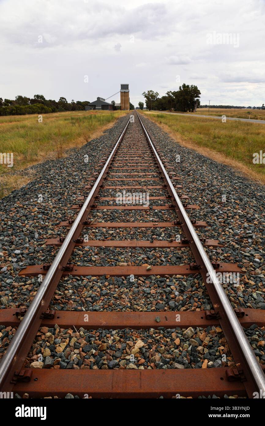 Vista di una prospettiva classica utilizzata per immagini di una ferrovia, contenente un punto di scomparsa all'orizzonte vicino al silo di grano. Foto Stock