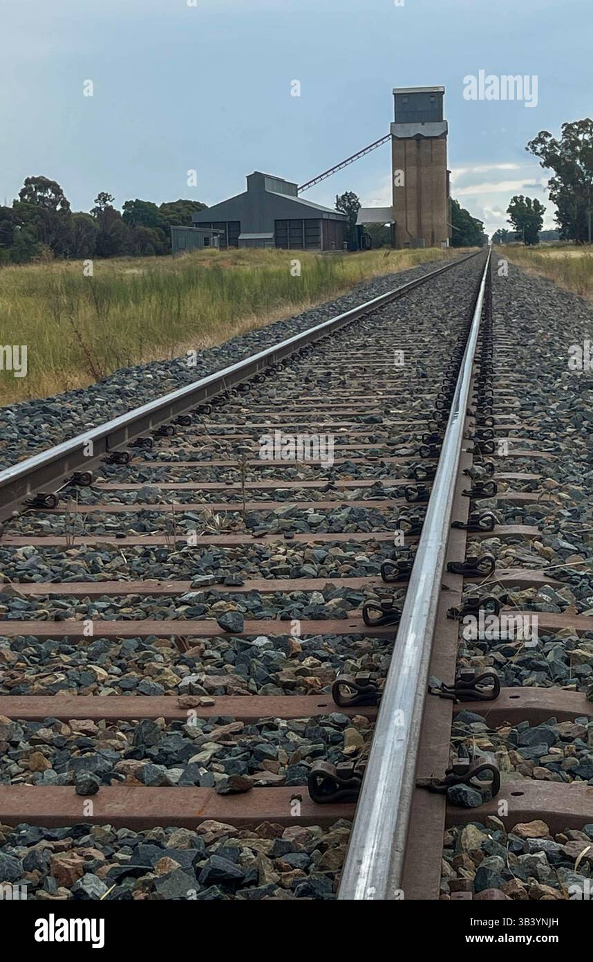 Vista di una prospettiva classica utilizzata per immagini di una ferrovia, contenente un punto di scomparsa all'orizzonte vicino al silo di grano. Foto Stock