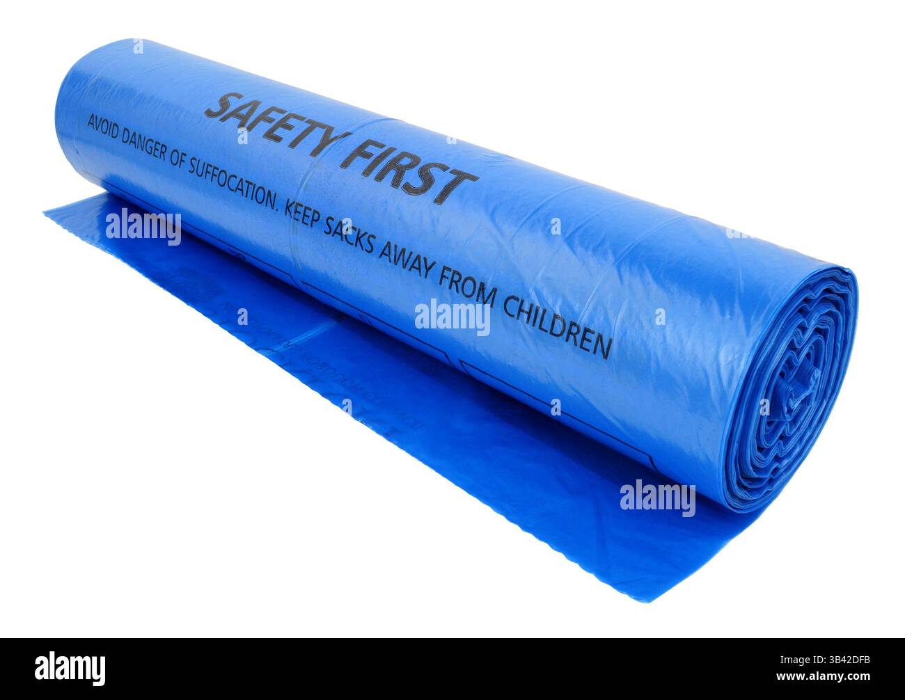 Rotolo di sacchetti di plastica blu con testo di avvertenza stampato su ciascun sacchetto isolato su sfondo bianco Foto Stock