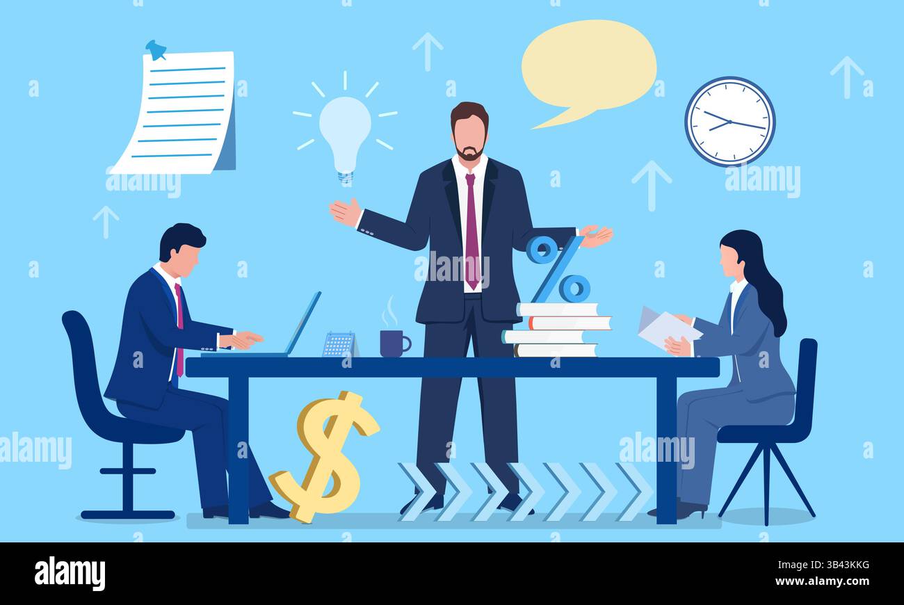 Illustrazione del concetto vettoriale del manager che spiega il contenuto del lavoro ai dipendenti Illustrazione Vettoriale