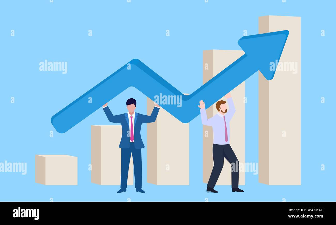 Illustrazione concettuale di due persone che lavorano insieme per sollevare una freccia in aumento Illustrazione Vettoriale