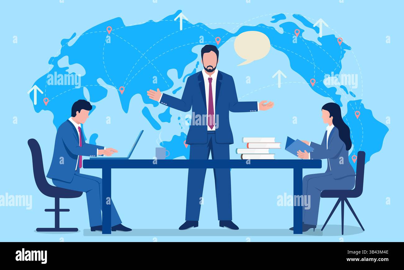 Illustrazione del concetto vettoriale del manager che spiega il contenuto del lavoro ai dipendenti Illustrazione Vettoriale