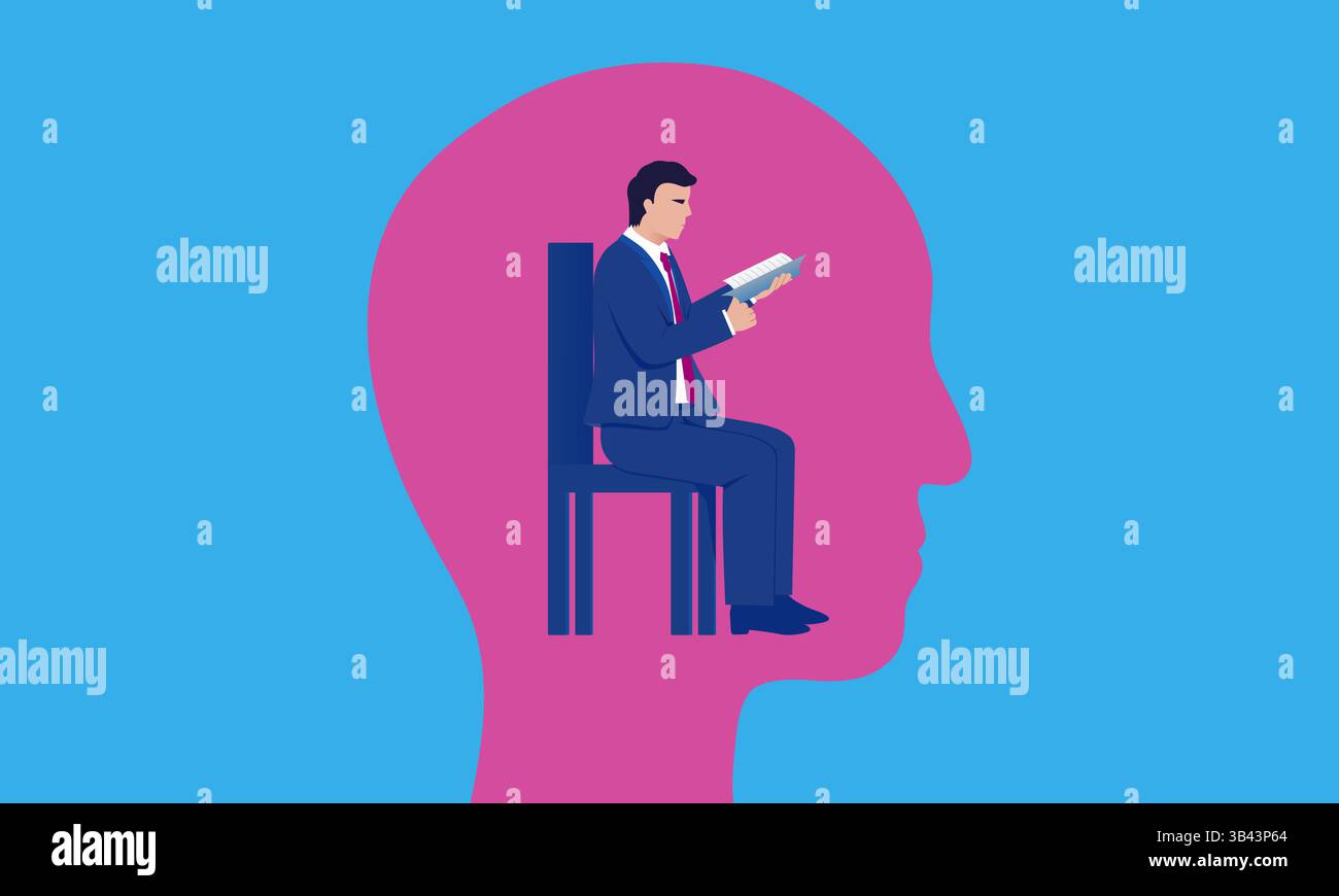 Illustrazione concettuale dell'apprendimento - un uomo che legge un libro per acquisire conoscenza Illustrazione Vettoriale