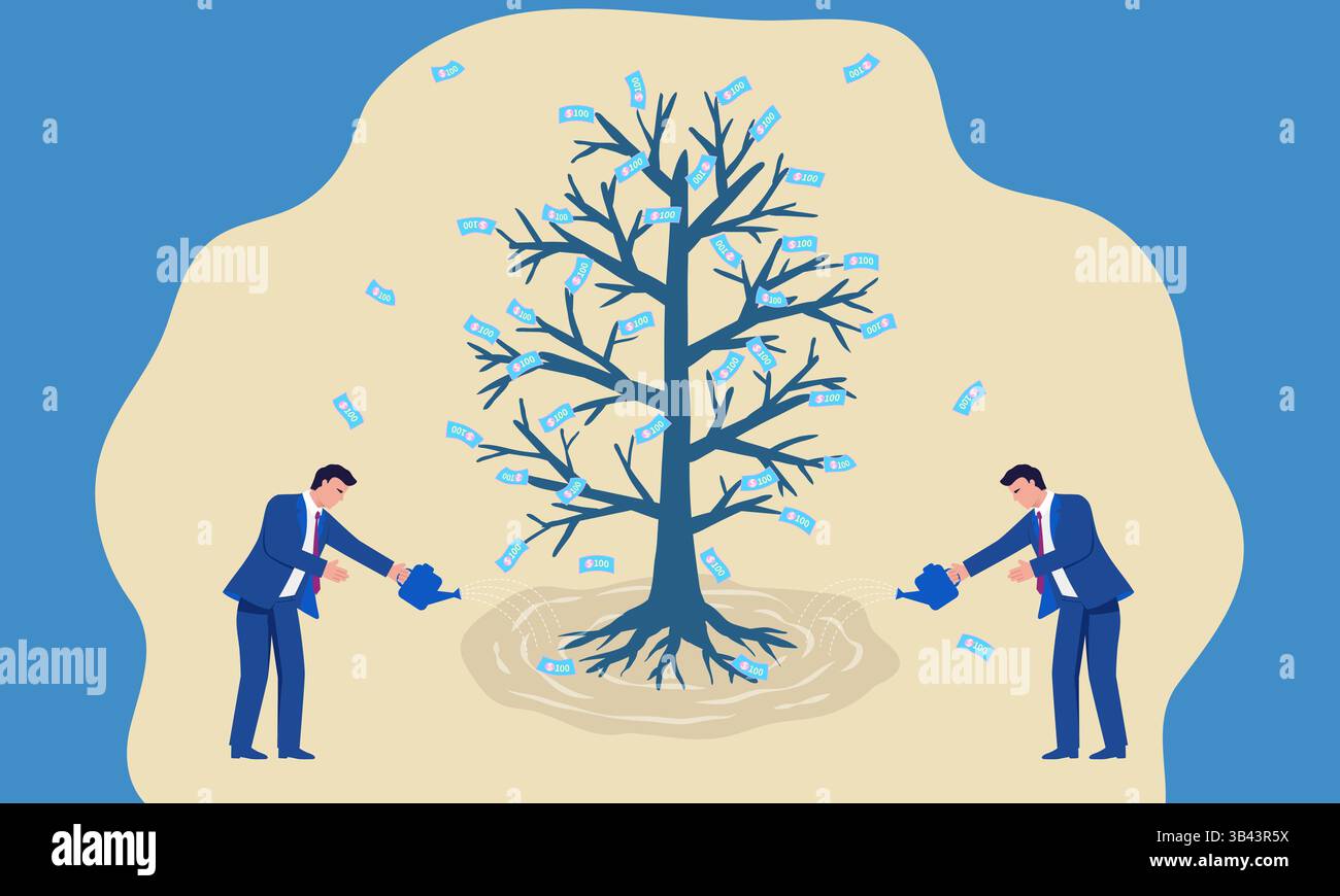 Illustrazione del concetto vettoriale che mostra gli imprenditori che innaffiano l'albero dei soldi, gli investimenti e la gestione finanziaria Illustrazione Vettoriale