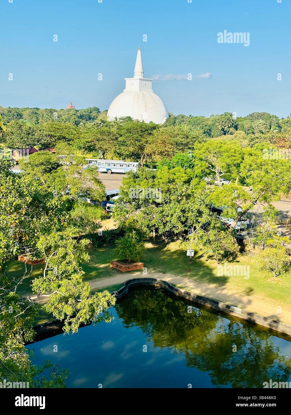 Stupa buddista sacro che si erge alto sotto il cielo, simboleggia la pace, l'illuminazione e il patrimonio spirituale delle antiche tradizioni dello Sri Lanka. - Immagine stock catturata con smartphone