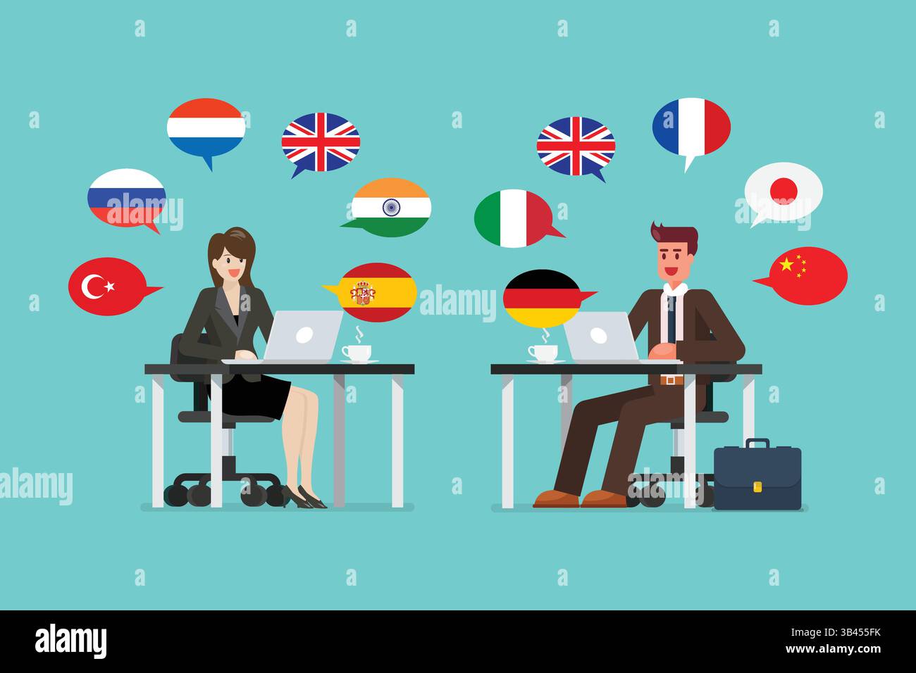 Gli uomini d'affari che lavorano su un notebook parlano molte lingue diverse. Illustrazione del concetto di traduttore multilingue. Illustrazione vettoriale Illustrazione Vettoriale