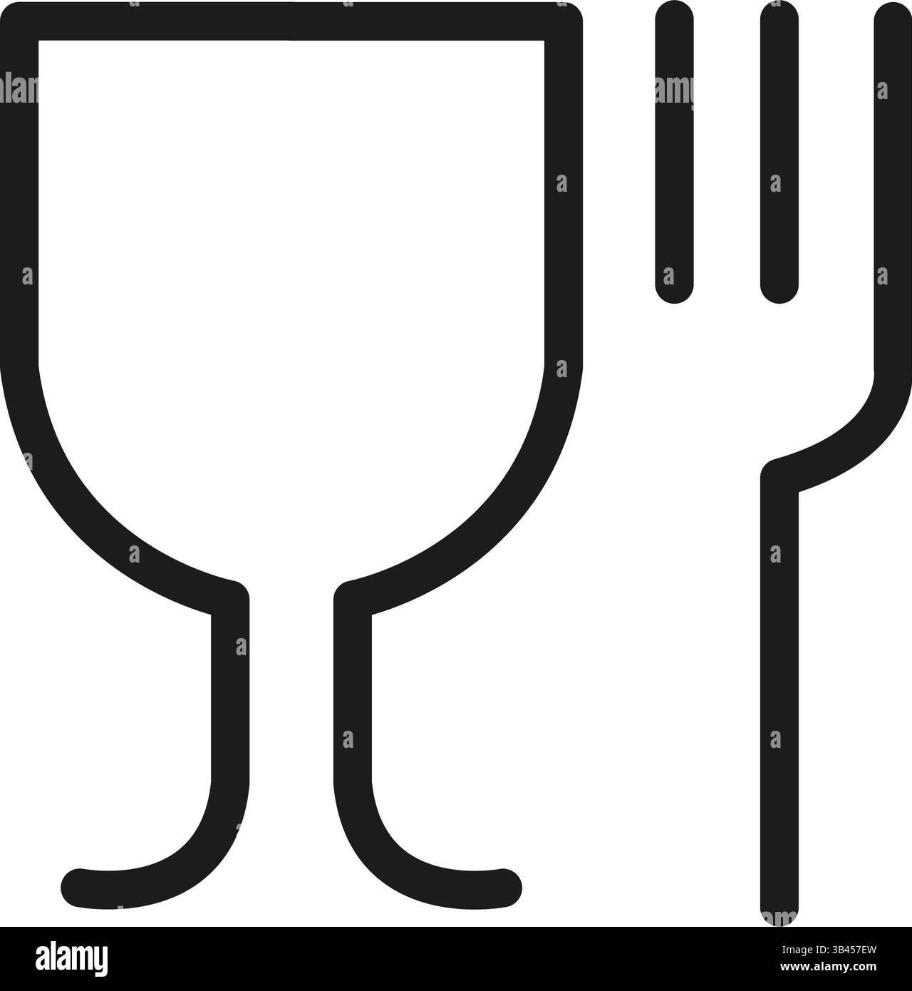 simbolo nero semplice di bicchiere da vino e forchetta utilizzati sulla confezione per mostrare la conformità dei materiali e degli articoli da cucina sicuri per gli alimenti Illustrazione Vettoriale