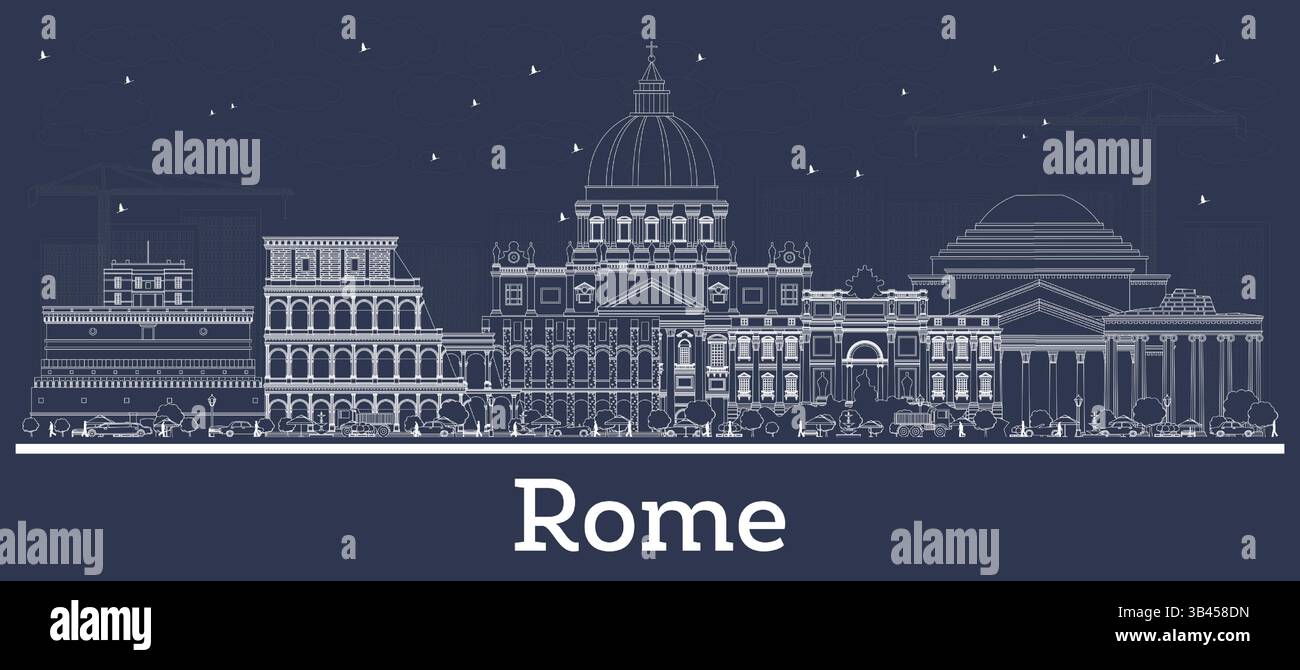 Delinea lo skyline della città di Roma Italia con edifici bianchi. Illustrazione vettoriale. Viaggi d'affari e concetto con architettura storica. Il paesaggio urbano di Roma. Illustrazione Vettoriale