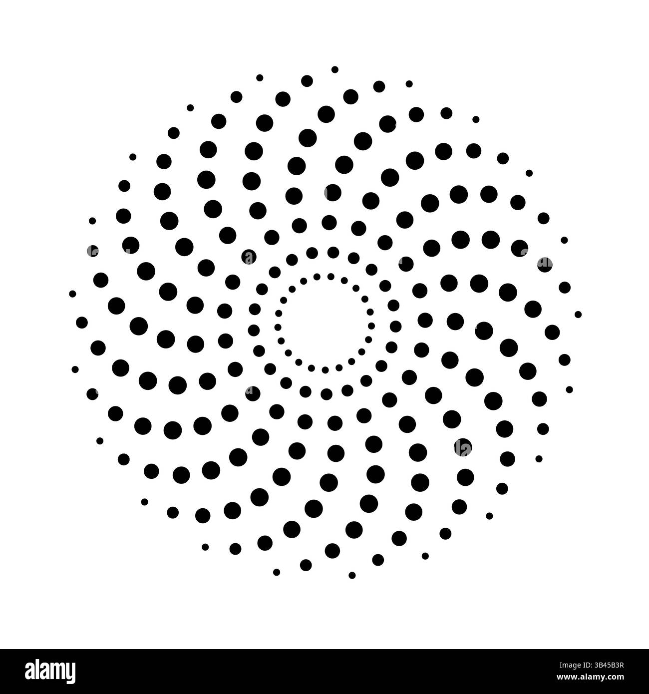 Punti circolari neri che formano bracci a spirale vorticosi con uno spazio vuoto centrale, creando un effetto di movimento Illustrazione Vettoriale