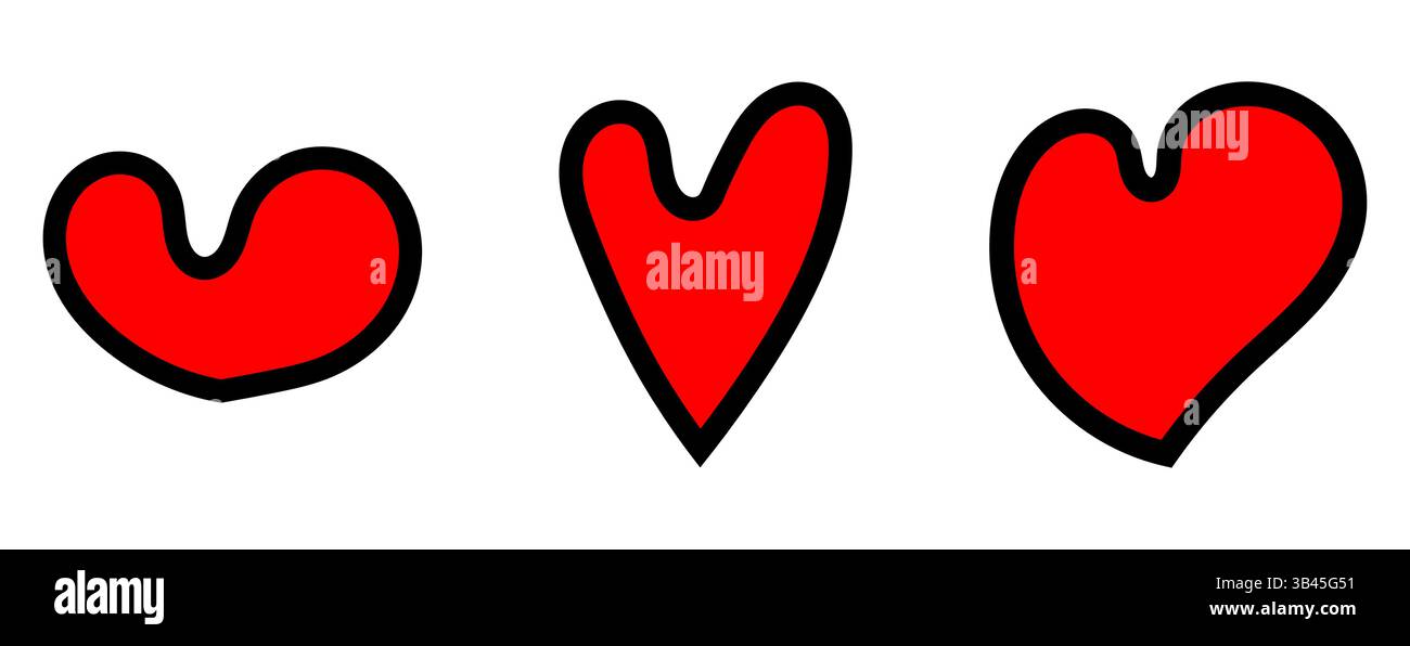 Icone vettoriali artistiche rosse con contorni neri, simboli d'amore romantici modificabili, perfetti per biglietti d'auguri e disegni creativi. Illustrazione Vettoriale