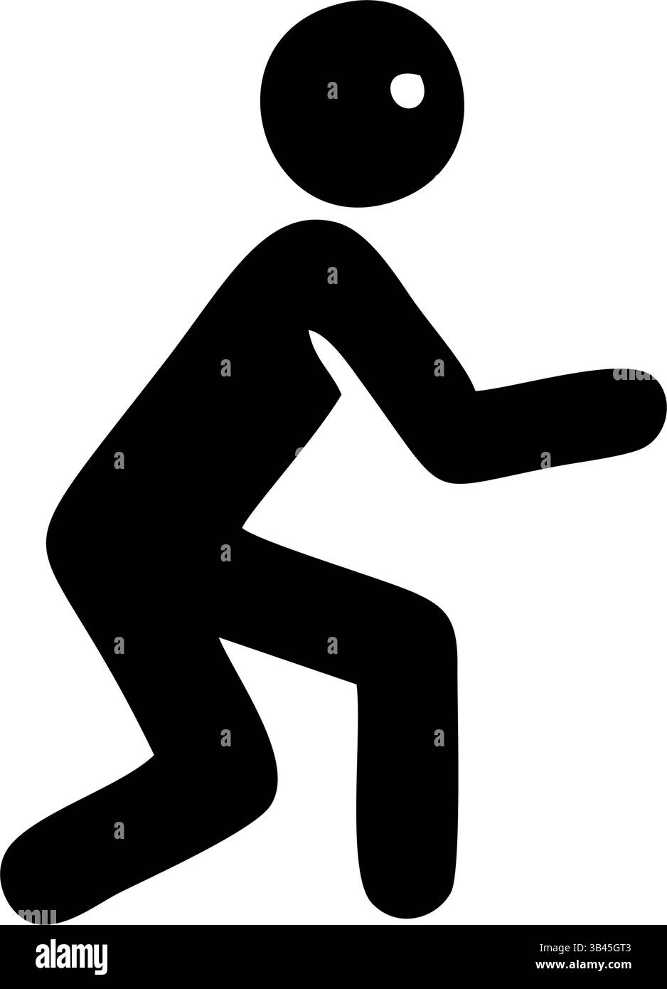 Una silhouette nera stilizzata di una persona in una posizione accovacciata dinamica, che suggerisce azione o movimento Illustrazione Vettoriale